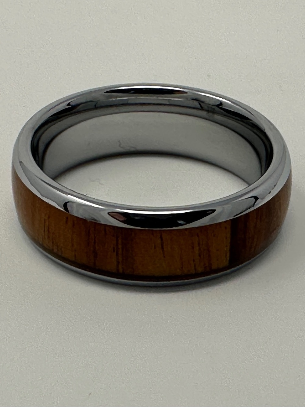 Polished Silver-Tone Tungsten Ring with Kia Wood Inlay - Brown size 6